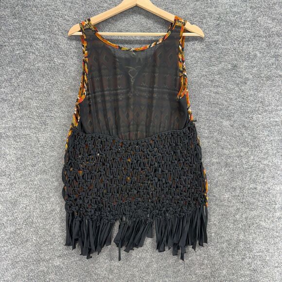 BKE Blouse Women M Medium Brown Geometric V-Neck Fringe Tasseled Sleeveless - Picture 2 of 6